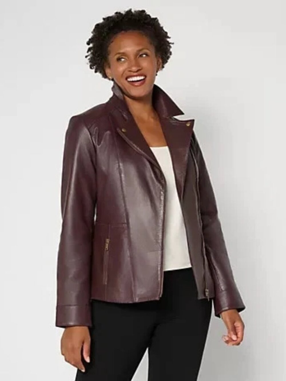 Denim & Co. Lamb Leather Moto Jacket with Pockets-Fudge-Small A738357